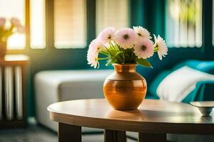 un florero de flores se sienta en un mesa en frente de un sofá. generado por ai foto