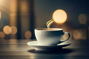 a cup of coffee on a table with a cityscape in the background. AI-Generated photo