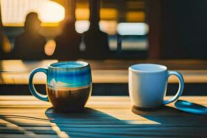 two coffee mugs sit on a table with a view of the sunset. AI-Generated photo