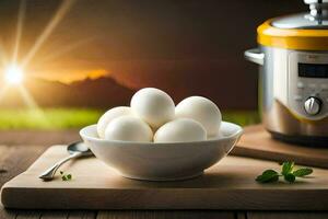 eggs in a bowl with a pot and an instant pot. AI-Generated photo