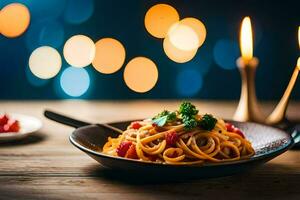 espaguetis con tomate salsa y vegetales en un de madera mesa. generado por ai foto