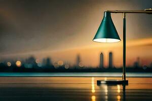 un lámpara en un mesa en frente de un ciudad horizonte. generado por ai foto