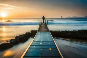 a man standing on a wooden pier looking out at the ocean. AI-Generated photo