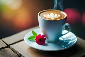 un taza de café con un flor en el platillo. generado por ai foto