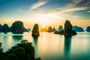 el Dom conjuntos terminado el agua en halong bahía, Vietnam. generado por ai foto