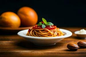 spaghetti with tomato sauce and basil leaves. AI-Generated photo