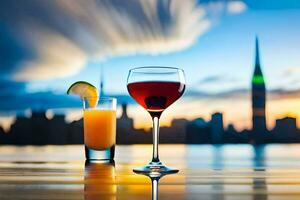 two glasses of wine and orange juice on a table in front of a city skyline. AI-Generated photo