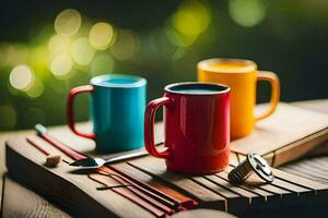 colorful coffee cups on a wooden table. AI-Generated photo