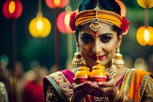 a woman in traditional indian attire holding two small lamps. AI-Generated photo