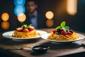 two plates of pasta with berries and mint on a wooden table. AI-Generated photo