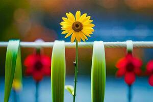 a single yellow flower is standing on a fence. AI-Generated photo