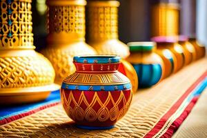 colorful vases lined up on a table. AI-Generated photo