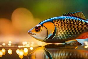 a fish is reflected in the water with lights in the background. AI-Generated photo