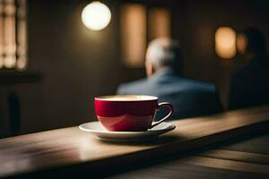 a red cup of coffee sits on a table in a restaurant. AI-Generated photo