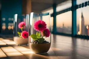 two vases with pink flowers sitting on a table. AI-Generated photo