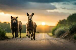 two horses running down a road at sunset. AI-Generated photo