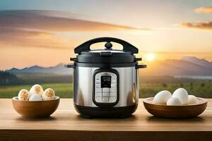 an electric pressure cooker with eggs and a bowl of eggs. AI-Generated photo