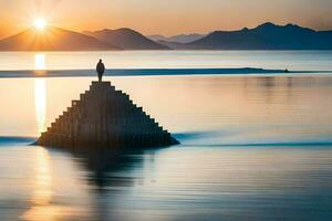 a man stands on top of a pyramid in the middle of the ocean. AI-Generated photo