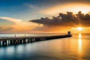 the sun sets over a pier in the ocean. AI-Generated photo