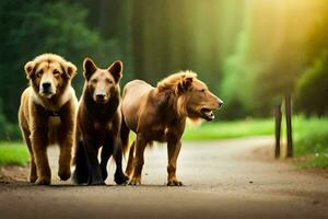 three dogs walking down a road in the forest. AI-Generated photo