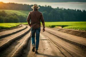 a man in a hat walks down a dirt road. AI-Generated photo