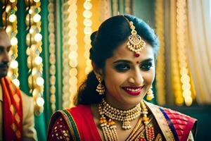 a beautiful indian bride in red and gold. AI-Generated photo