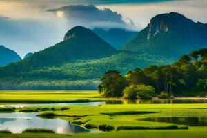 the mountains are reflected in the water. AI-Generated photo