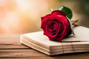 a red rose is sitting on top of an open book. AI-Generated photo