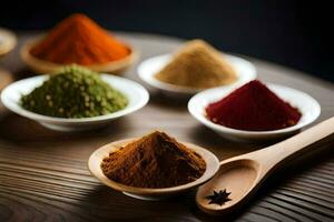 spices in bowls on a wooden table. AI-Generated photo