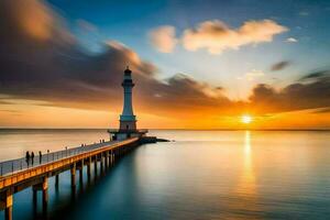 a lighthouse stands on a pier at sunset. AI-Generated photo