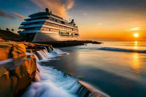 un crucero Embarcacion en el Oceano a puesta de sol. generado por ai foto