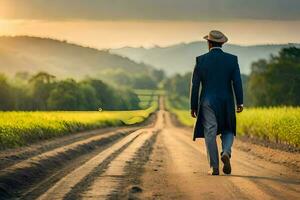a man in a suit and hat walks down a dirt road. AI-Generated photo