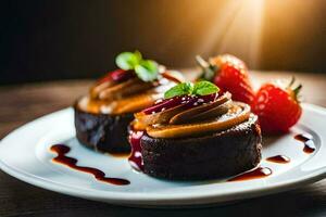 two desserts on a plate with strawberries and syrup. AI-Generated photo