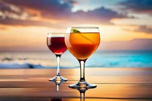 two glasses of wine on a table in front of the ocean. AI-Generated photo