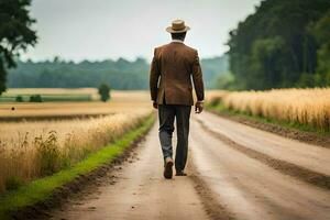 un hombre en un traje y sombrero camina abajo un suciedad la carretera. generado por ai foto