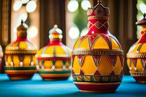 a row of colorful vases on a blue table. AI-Generated photo