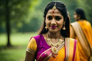 a woman in a yellow sari with gold jewelry. AI-Generated photo