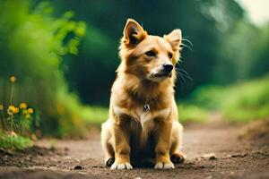 a dog sitting on the ground in the middle of a field. AI-Generated photo