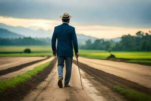 a man in a suit walks down a dirt road. AI-Generated photo