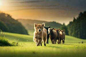 un perro corriendo con un manada de vacas en un campo. generado por ai foto