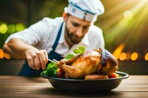 cocinero preparando un asado pollo en un de madera mesa. generado por ai foto