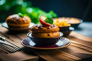 a plate with two muffins on it. AI-Generated photo