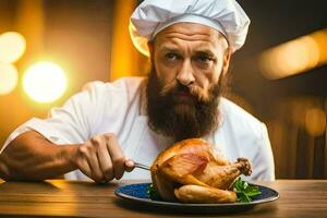a man with a beard in a chef hat is holding a chicken. AI-Generated photo