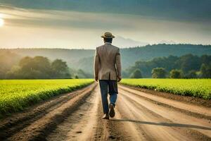 a man in a suit and hat walks down a dirt road. AI-Generated photo