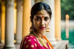 a beautiful indian woman wearing a pink sari. AI-Generated photo