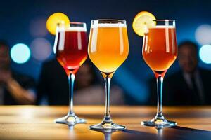 three glasses of different colored drinks on a bar. AI-Generated photo