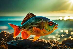 un pescado es en pie en el playa a puesta de sol. generado por ai foto