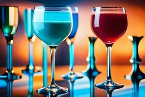 a row of wine glasses with different colored liquids. AI-Generated photo