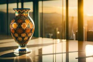 a vase sitting on a table in front of a window. AI-Generated photo