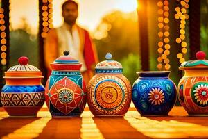 a man is standing in front of colorful pots. AI-Generated photo